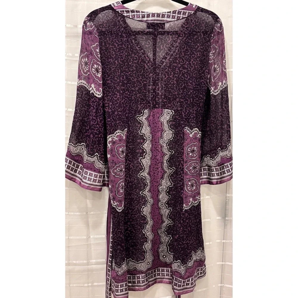 INC International Concepts Silk Purple Paisley V-Neck Bell Sleeve Tunic Dress 8